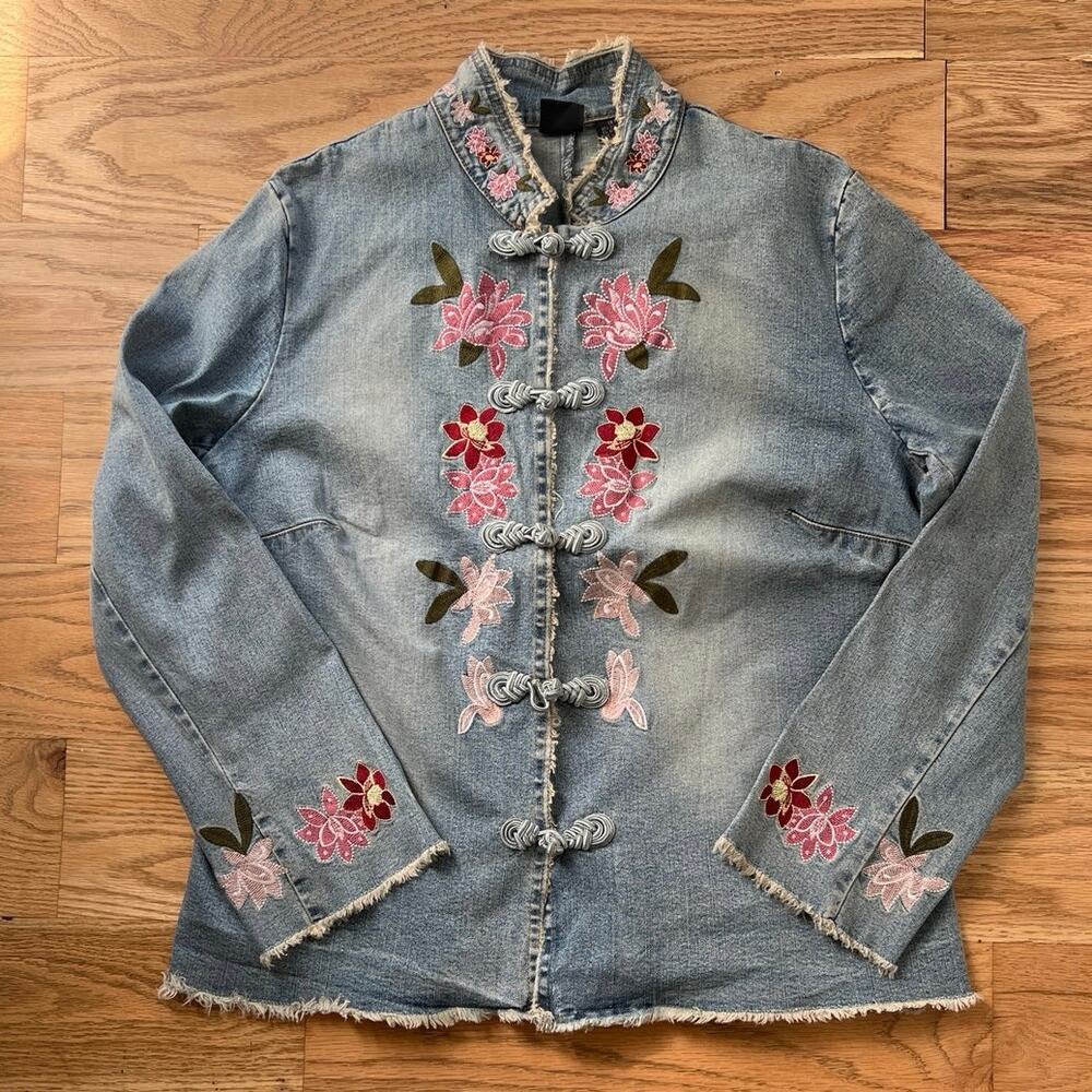 Vintage I.N.C. Embroidered Denim Military Jacket